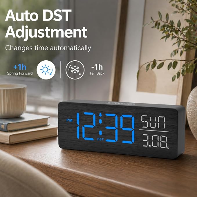 Peakeep Wooden Digital Alarm Clock Large Display, Textured Decoration - Image 5