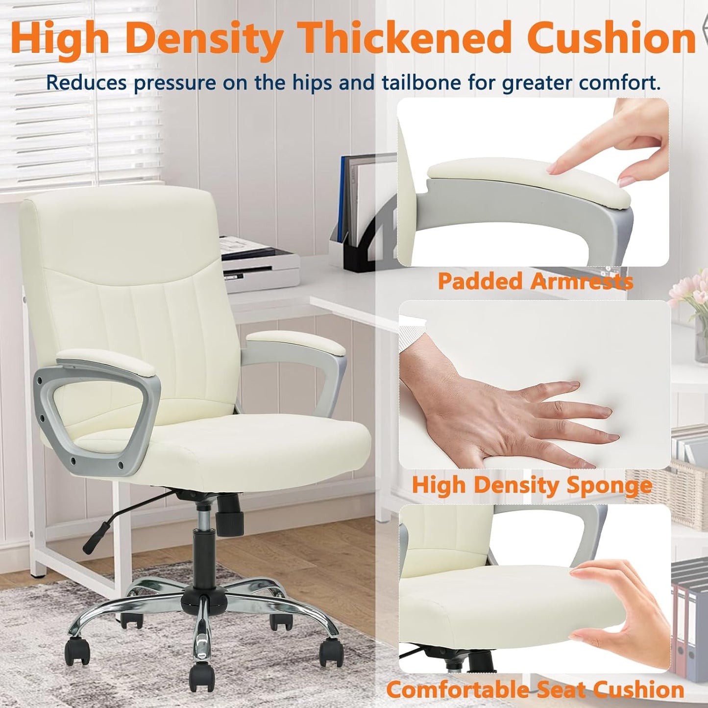 CLATINA Office Computer Desk Chair Executive Mid Back Chair Comfortable Ergonomic Managerial Chair Adjustable PU Leather Home Office Desk Chair Swivel, White 1PK