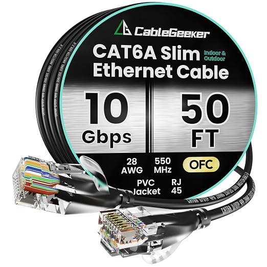 CableGeeker CAT6A Slim Ethernet Cable 50FT, 10Gbps 550MHz High Speed Network by CableGeeker