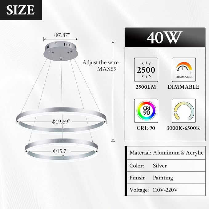 Modern LED Chandelier Silver 2-Rings Pendant Light Circular Flush Mount Ceiling - Image 6