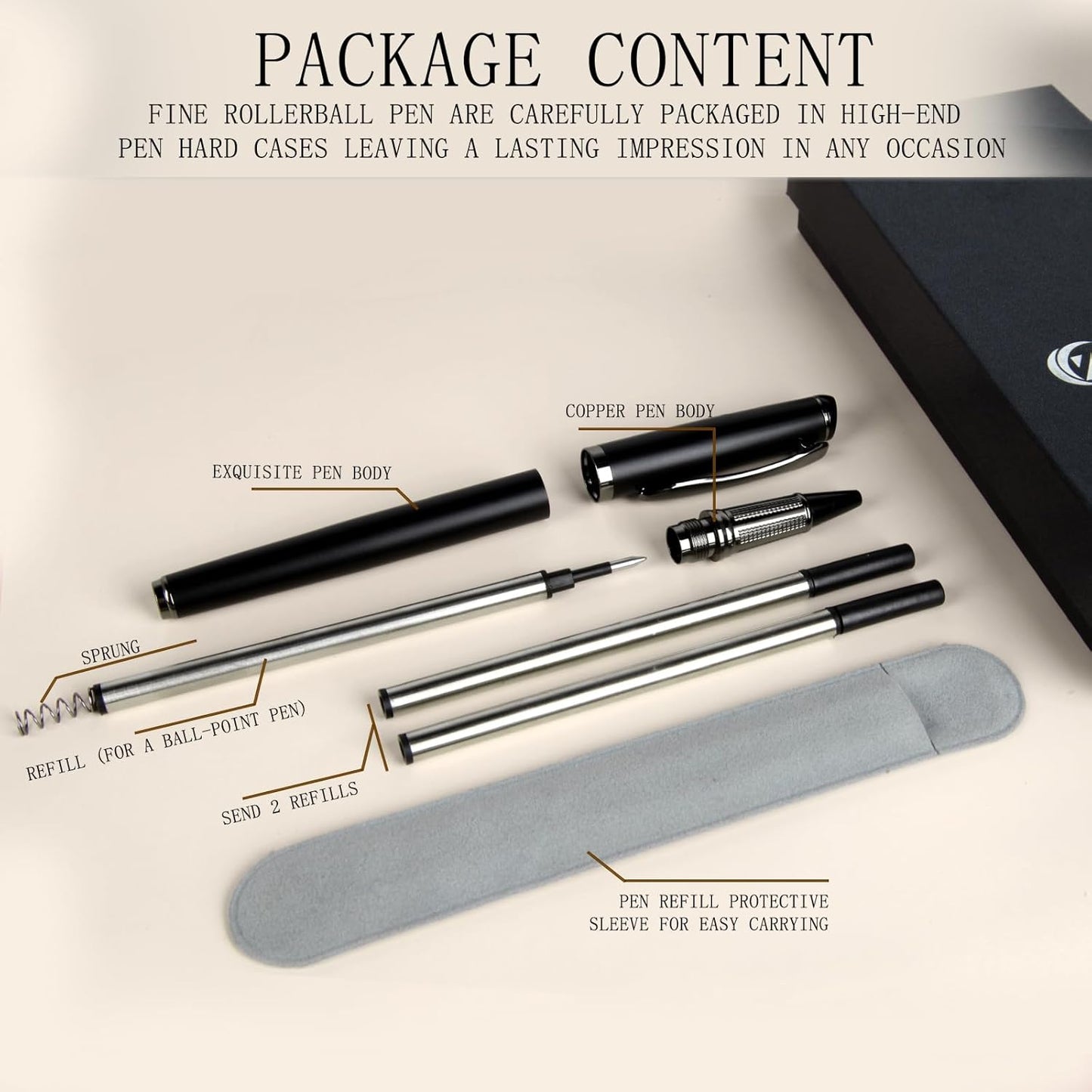 Liquid Ink Rollerball Pen,Luxury pen,Nice pen Metal pen Smooth writing stylish design effortless writing,fancy pens with gift case for Men & Women with 2 Refills-Inky black