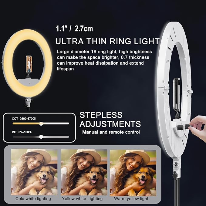 Ring Light Kit:18"/45cm Outer 55W6700k Dimmable LED Light, Tripod Stand - Image 4