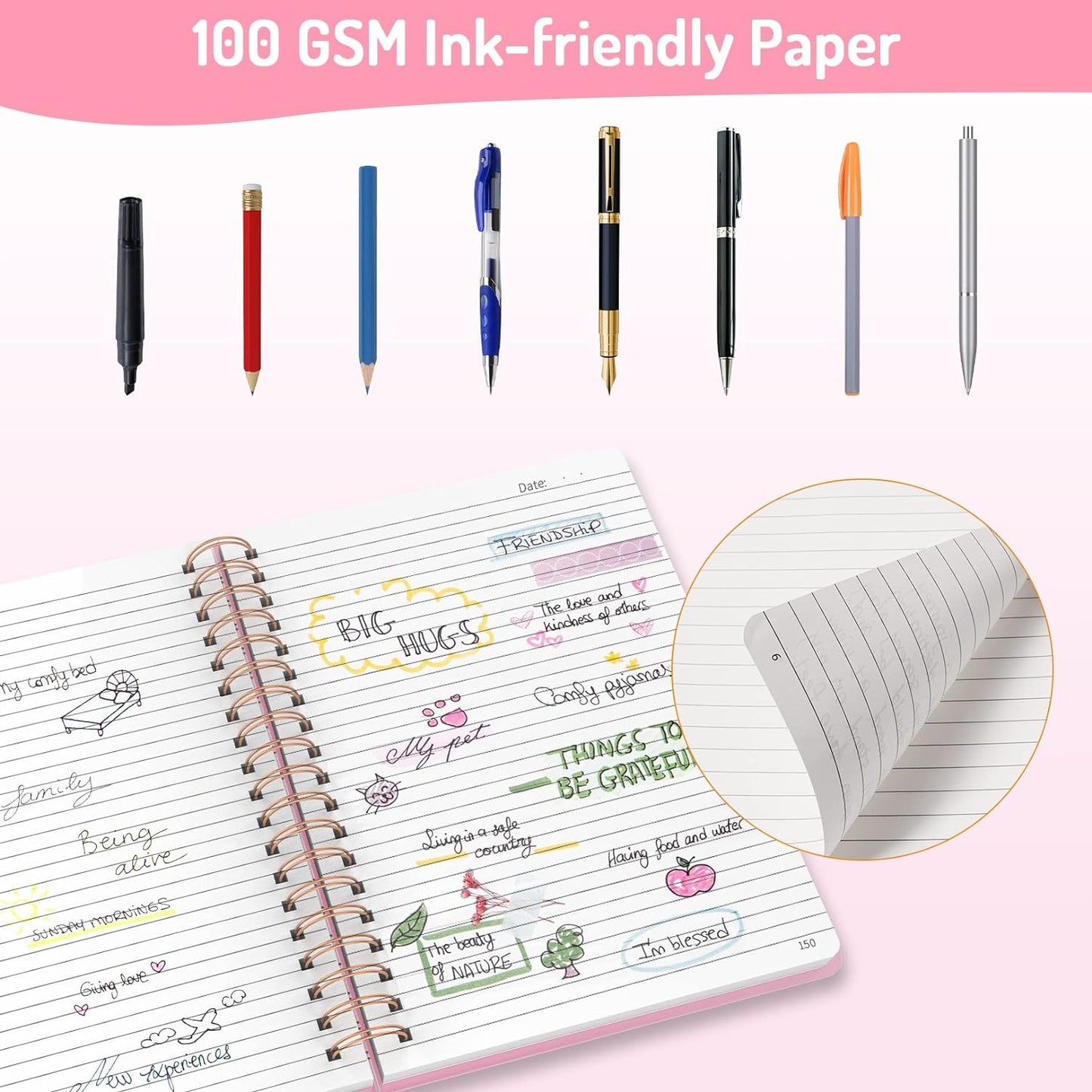 Forvencer Lined Spiral Journal Notebook with 300 Numbered Pages, B5 College Ruled Thick Journals for Writing with 100GSM Paper, Hardcover Notebooks with Contents for Work, School, Women, Men, Pink