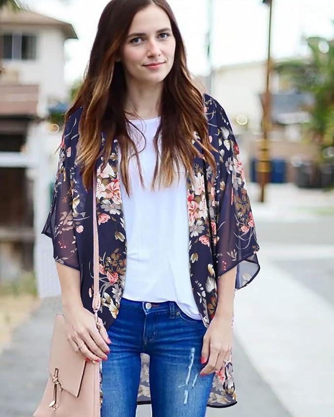 Women's Floral Print Puff Sleeve Kimono Cardigan Loose Cover Up Casual Blouse - Image 2