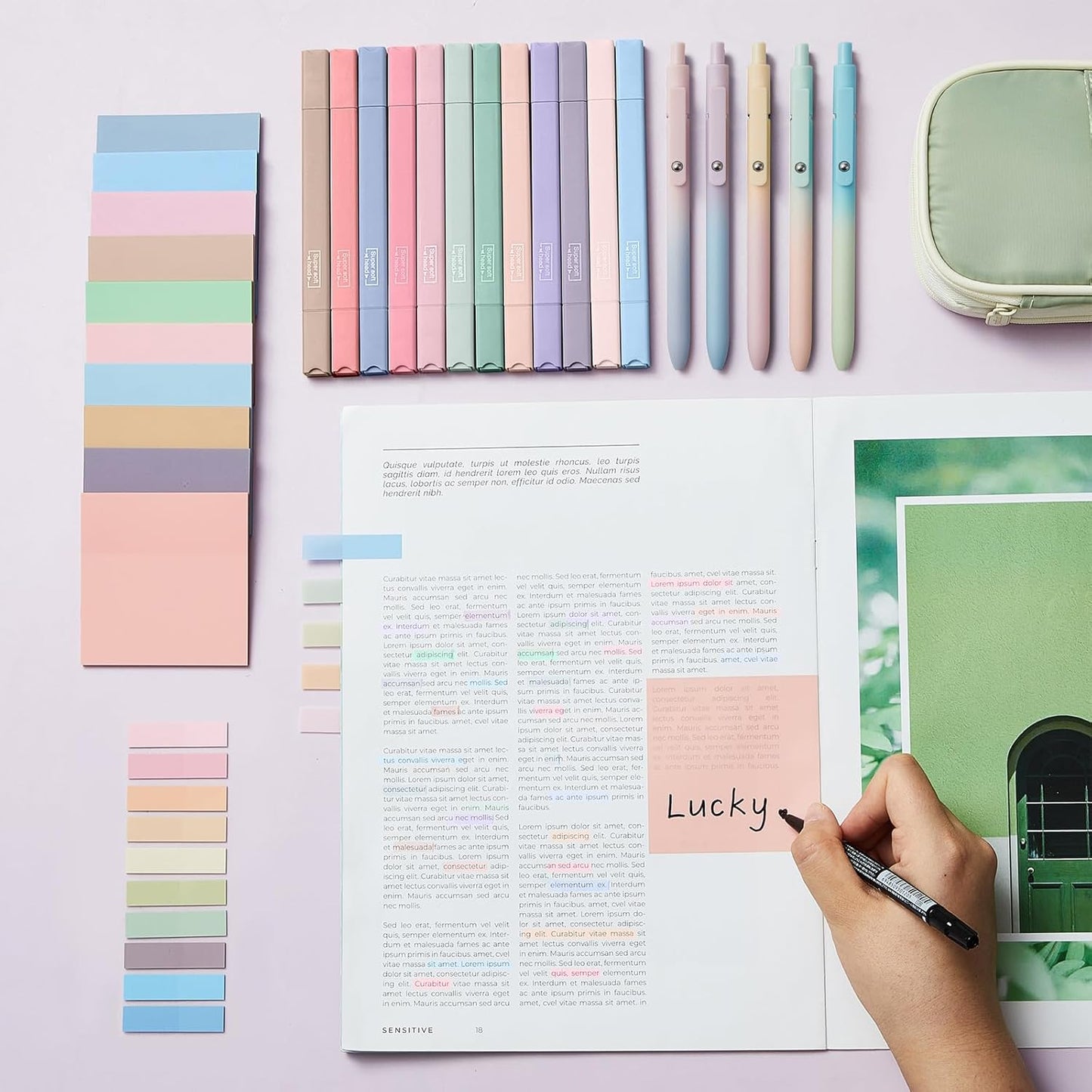 Jutom 38 Pcs Book Annotation Kit Aesthetic Highlighters Gel Pens Set Sticky Notes Tabs Markers Dual Ended Highlighter Quick Dry Ink Pens for Office Annotating Books(Delicate Color,Square)