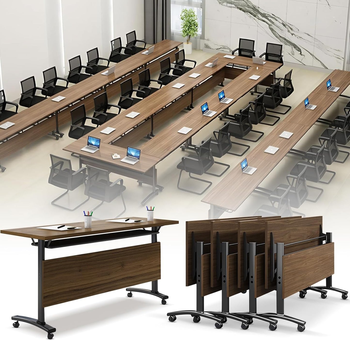 Folding Conference Room Table, Modern Conference Tables with Wheels, Large Rectangular Mobile Training Tables for Office Classroom, Foldable Modular Boardroom Seminar Table Walnut (4pack L55.1in)