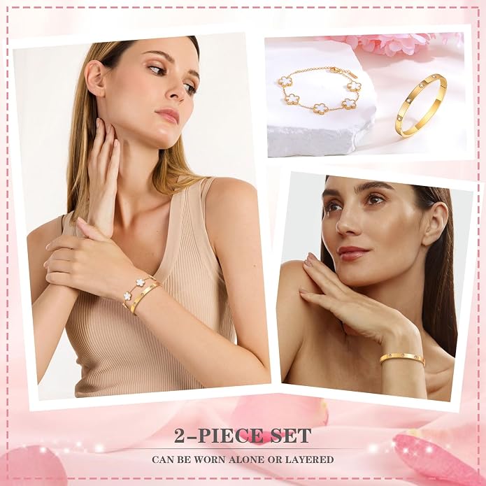 MPRAINBOW Womens Stackable Gold Bracelets Jewelry, 18K Gold Plated Floral - Image 2