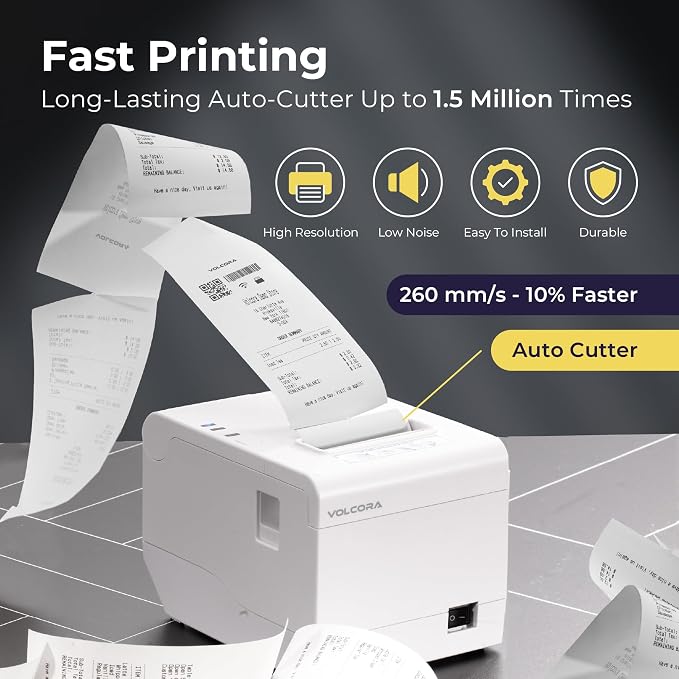 Volcora Thermal Receipt Printer, 80mm POS Printer w/Auto Cutter, USB/WiFi - Image 3