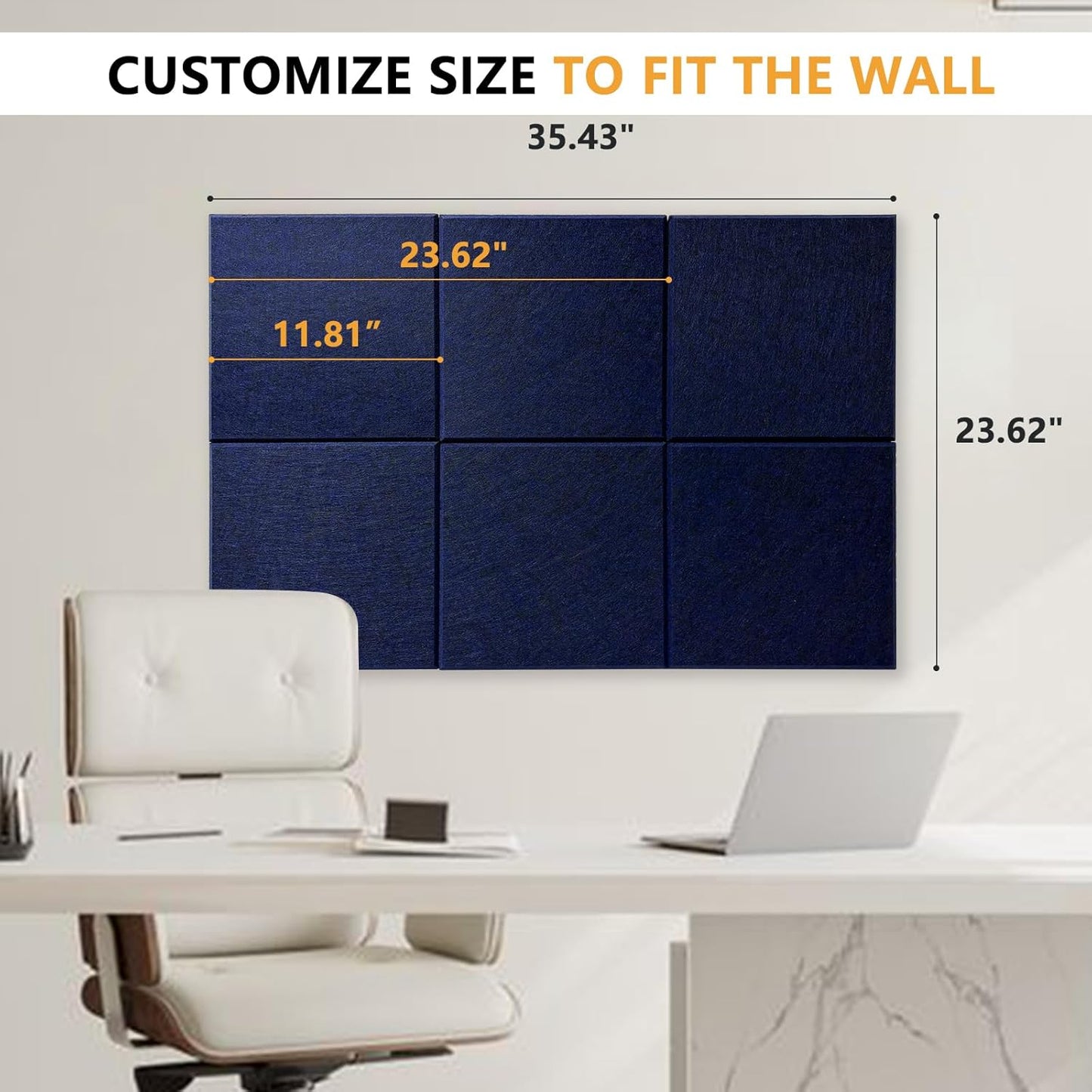 Thick Cork Board for Wall with Pins, 36" x 24" Bulletin Board Self-Adhesive Pin Board | Customized 6 Packs Felt Tiles for Office Home Wall Decor, Navy