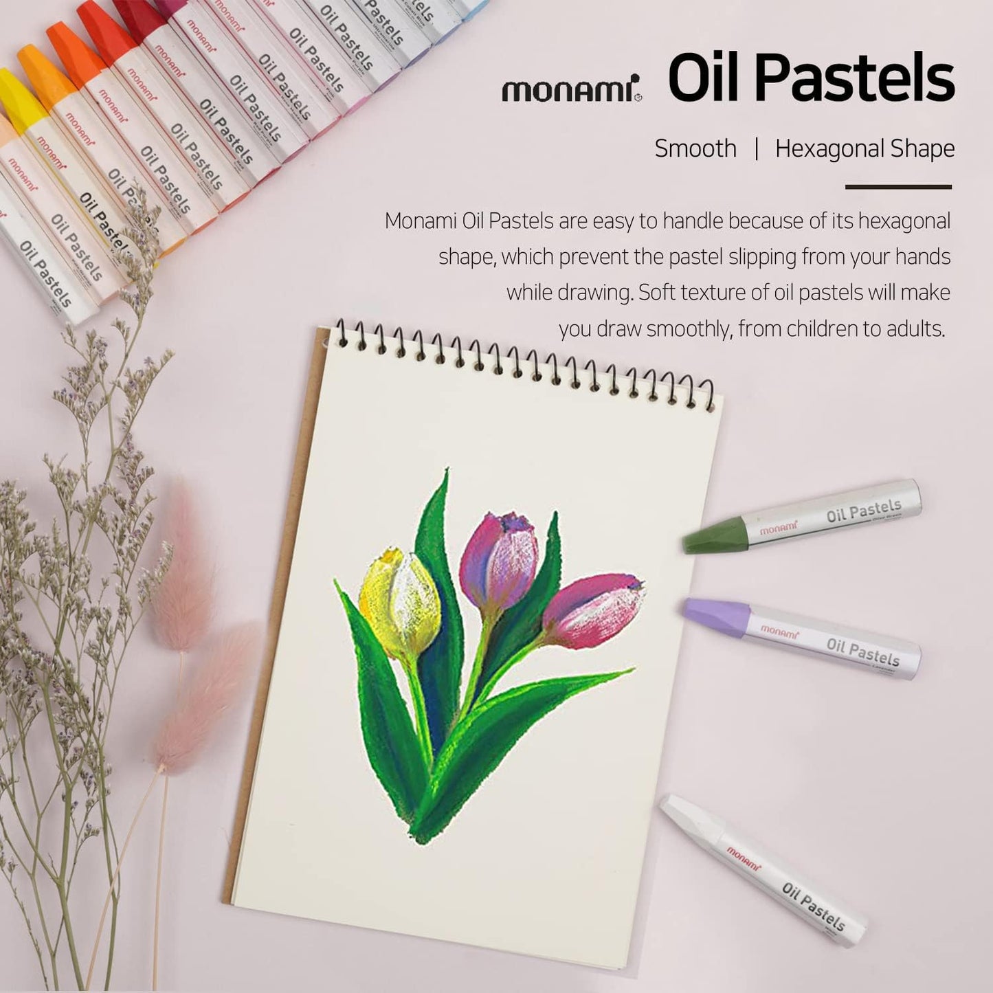 MONAMI Oil Pastels, Jumbo Size Hexagonal Shape for Kids and Students With Handy Carrying Case, 55 Vivid Colors +5 Extra (Total 60) Pack