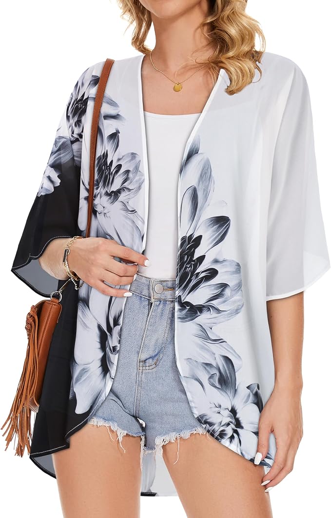 Women's Floral Print Puff Sleeve Kimono Cardigan Loose Cover Up Casual Blouse - Image 3