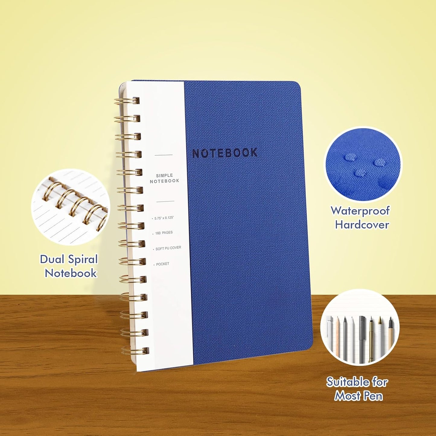 Lined Spiral Notebook College Ruled A5 Journal Book for Note Taking, 160 Pages Writing Journal for Office and Home School Supplies 5.75 x 8.125 inch (6pack-3Black/3NavyBlue)