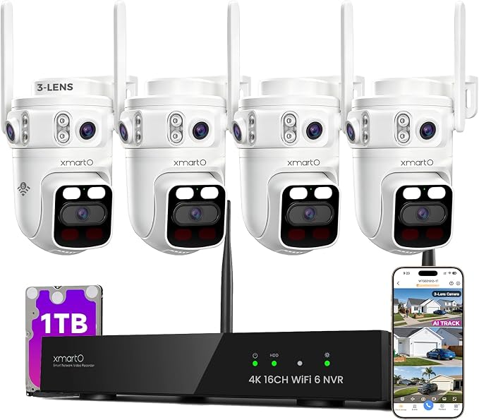 XMARTO 6MP Tri-Lens 4-Cam 1TB WiFi Mesh Security Camera System, 16CH 4K H.265 by xmartO