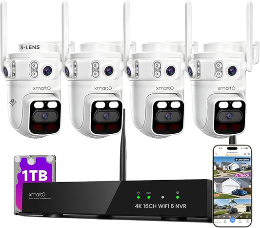 XMARTO 6MP Tri-Lens 4-Cam 1TB WiFi Mesh Security Camera System, 16CH 4K H.265 by xmartO