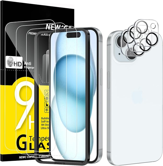 NEW'C 3x for iPhone 15 Screen Protector+ 3x Camera Lens Protector, Sensor by NEWC