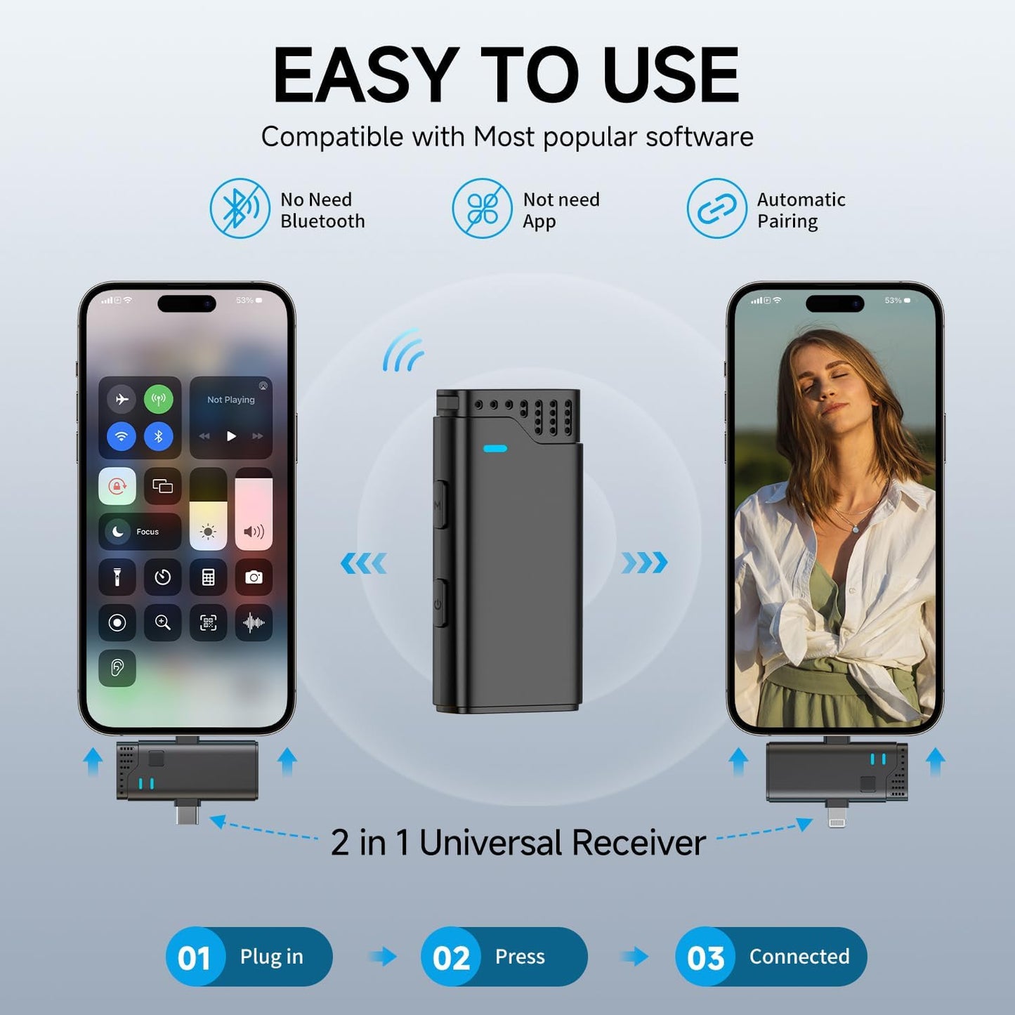 2 in 1 Professional Wireless Lavalier Microphone for iPhone iPad Android with Charging Case Noise Cancellation Plug-Play Clip on Lapel Mic for YouTube, Recording, Facebook Live Streaming
