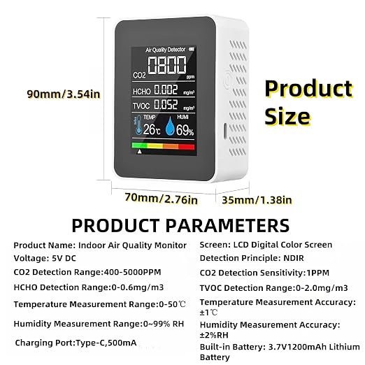 5-in-1 Indoor Air Quality Monitor, Professional Portable Detector&Accurate CO2 - Image 3
