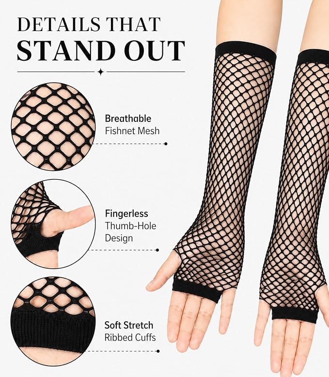 Seeksmile Women's Girls 80's Theme Party Emo Fingerless Arm Fishnet Gloves - Image 6