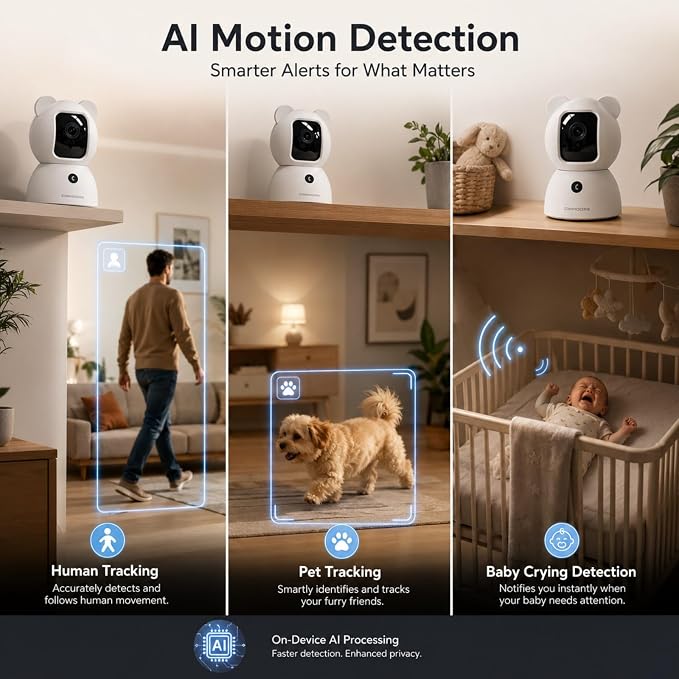 2.5K Indoor Security Camera, Non-Subscription AI Person/Pet/Cry Detection - Image 2