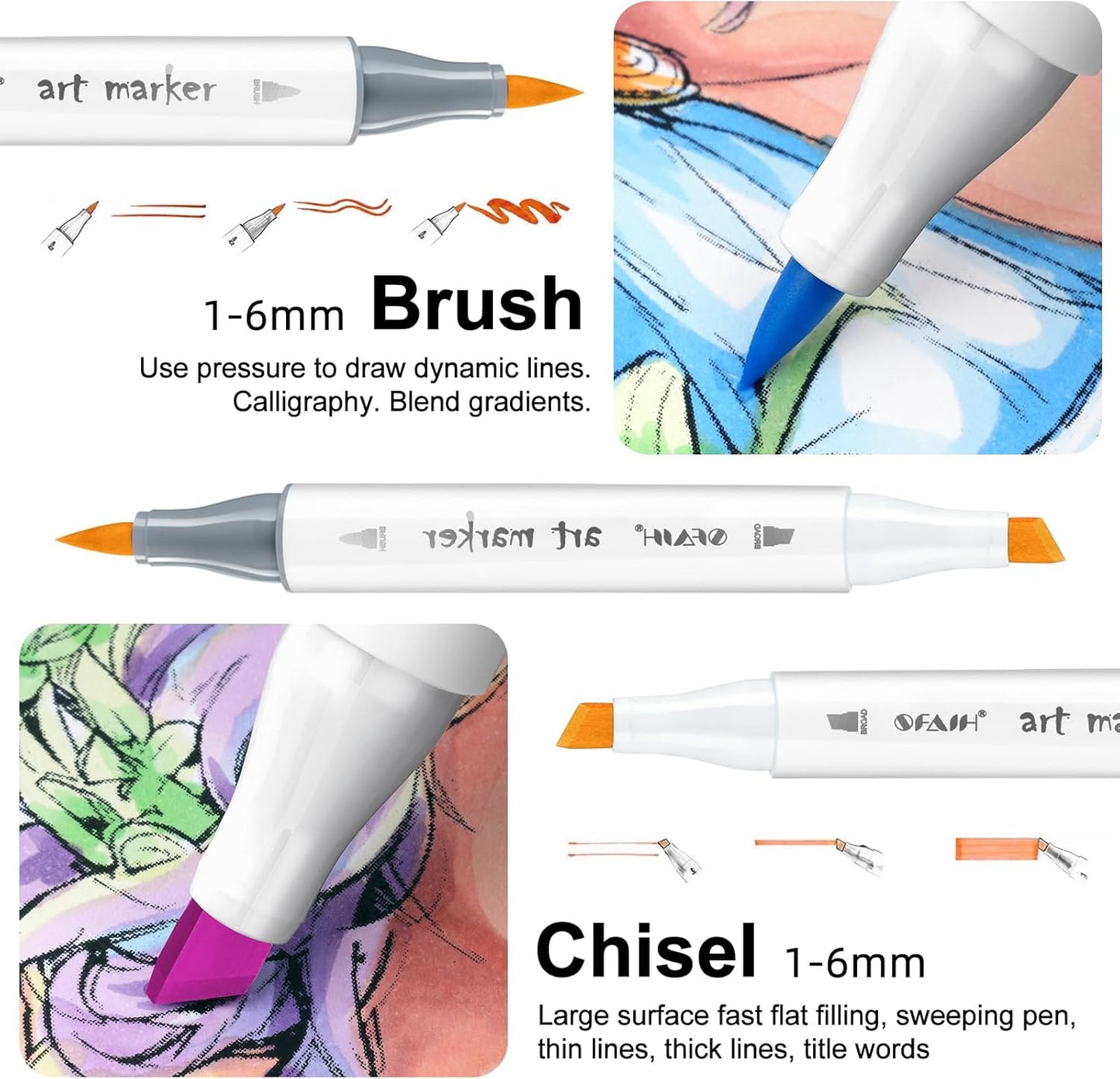 SFAIH Alcohol Markers Brush & Chisel - 216 Colors Double Tipped Art Markers for Adult Coloring Illustration, Gifts for Artist Adult - Adjustable Shoulder Strap & Faux Leather Lining & Outer Zip Pocket