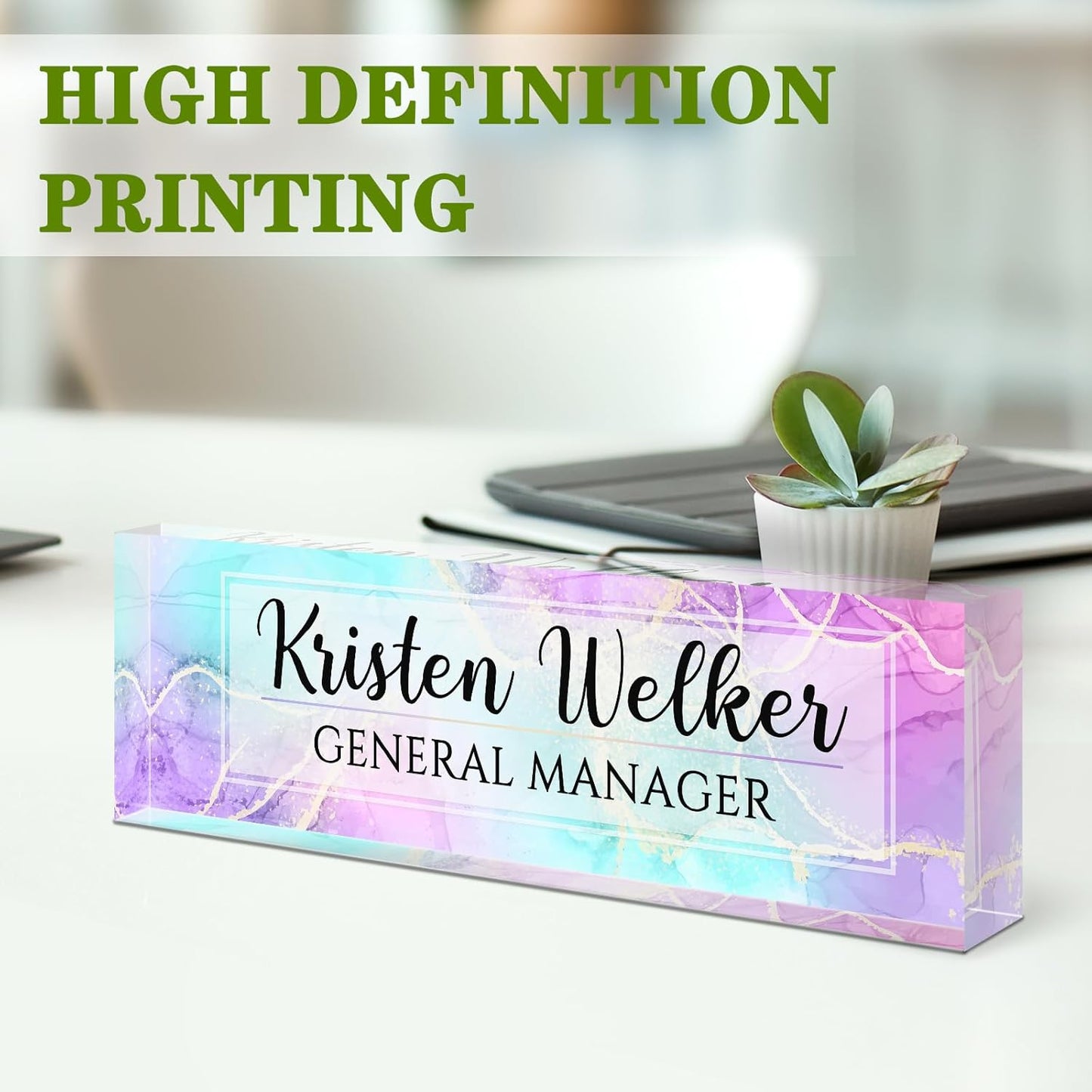 Gowellly Desk Name Plate Personalized - Custom Acrylic Name Plate for Desk - Enterprise Custom Logo/Text nameplates - Employee Appreciation Gifts (Colored Marble)