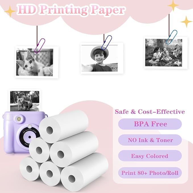25 Rolls Kids Camera Instant Print Refill Paper Set, Phetium HD Printing - Image 2