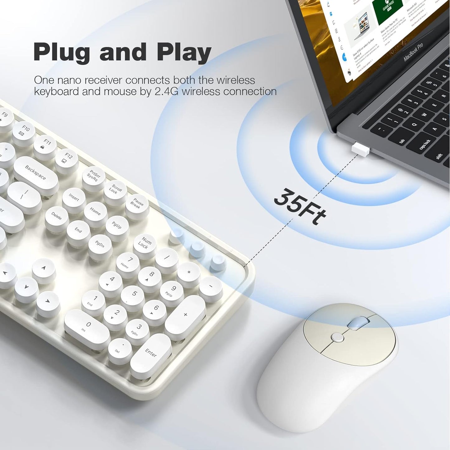 MOFII Wireless Keyboard and Mouse Combo, Milk White 2.4G Full Size Keyboard, Round Key Typewriter Keyboards and Cute Mice with 2 in 1 USB Dongle, for PC Laptop Chromebook Smart TV