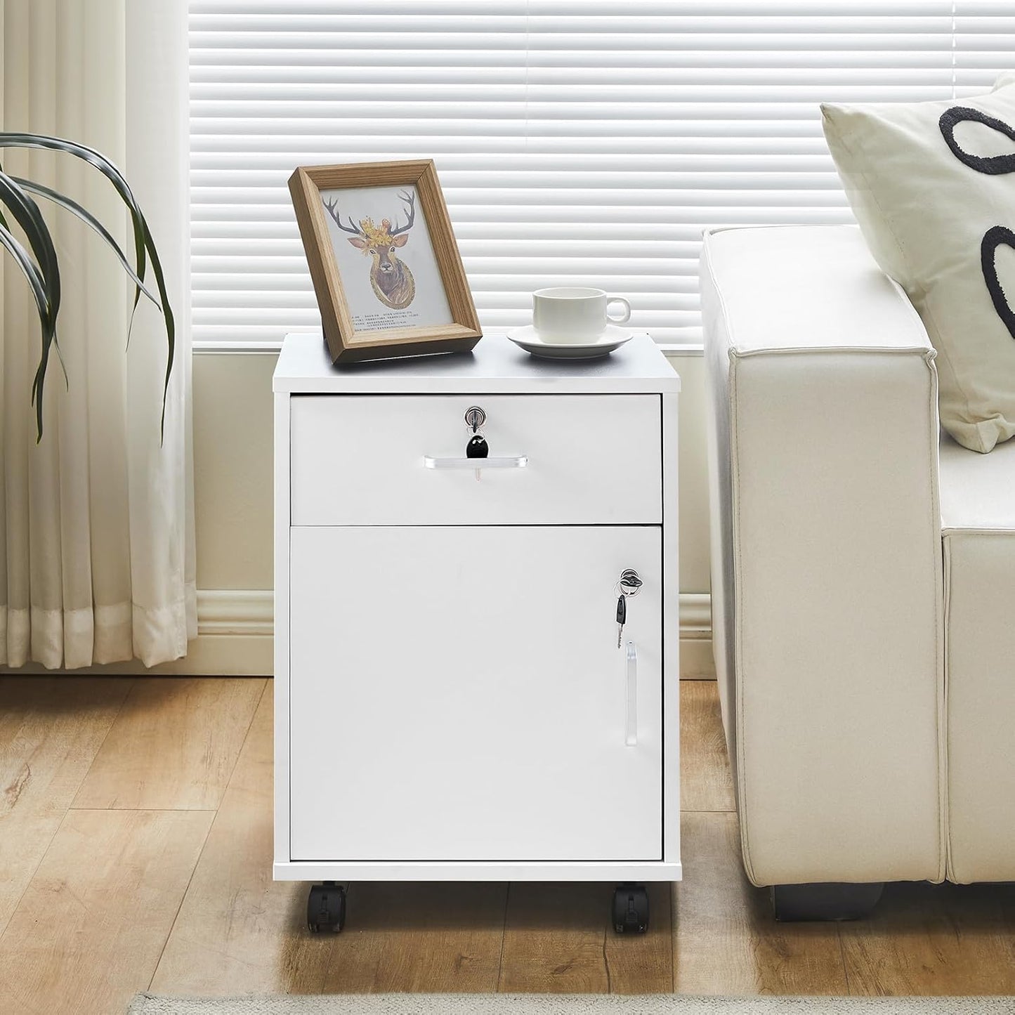 TUKAILAi Mobile File Cabinet with Lockable Drawer & Door, Under Desk Rolling Filing Cabinet with 4 Wheels, Wooden Stationery Storage Cabinet for Home Office (White)