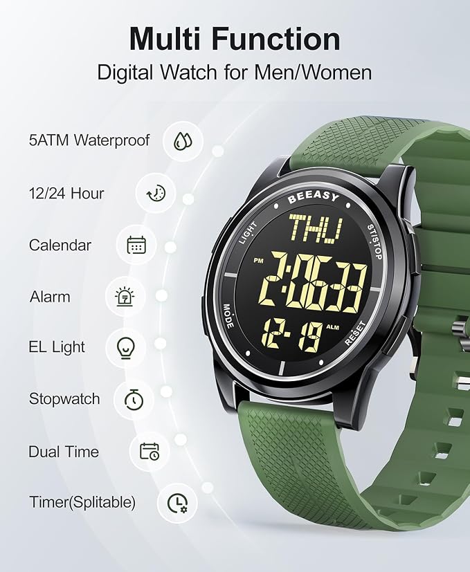 Beeasy Digital Watch for Men Women, 50M Waterproof, Ultra-Thin & Lightweight - Image 3