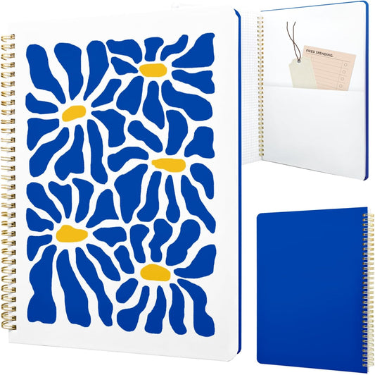 Cute Spiral Notebook journal A4 Aesthetic Pretty Design for Women Girls Kawaii with Pocket, 8.5 x 11 inch, Graph, Blue Flower