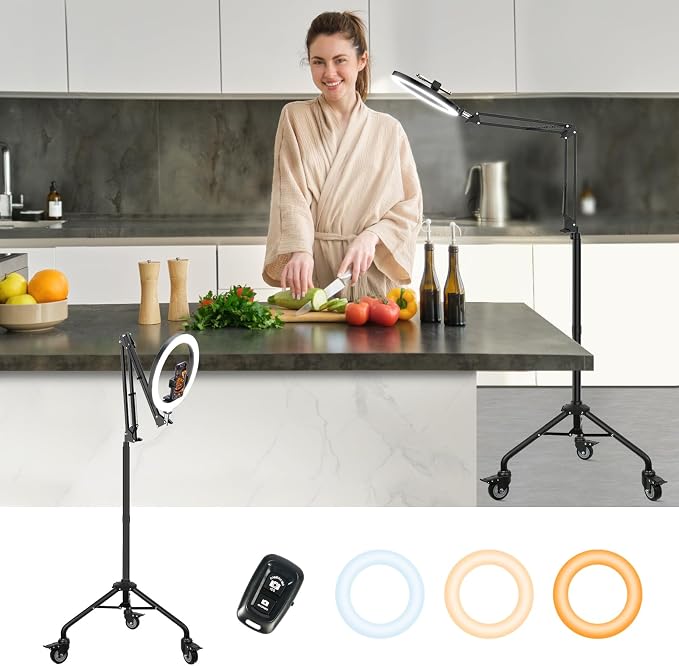 LUXSURE Tripod for iPhone with Ring Light, Overhead Camera Mount with Casters by LUXSURE