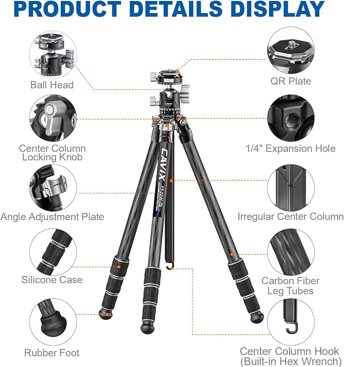CAVIX 57"/145cm Carbon Fiber Tripod, Lightweight Tripod - Image 3