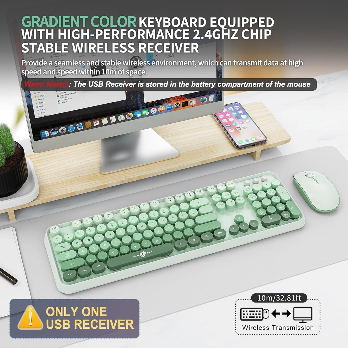 FOPETT Wireless Keyboard and Mouse Combo, 104 Keys Full-Sized 2.4 GHz Round Keycap Colorful Keyboards, USB Receiver Plug and Play, for Windows, Mac, PC, Laptop, Desktop (GradientGreen)