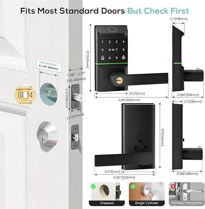 Smart Door Lock Keyless Entry, 6-in-1 Biometric Deadbolt w/Fingerprint - Image 8