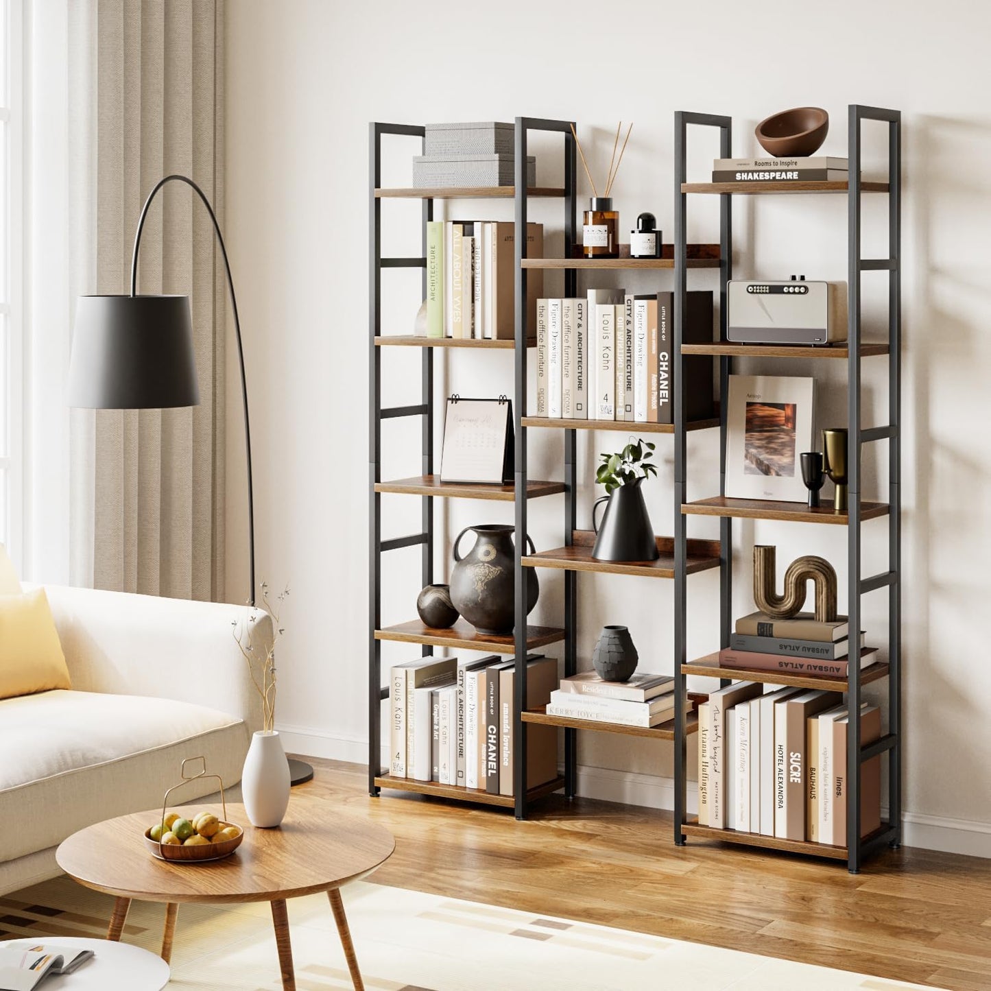 OTK Triple Column 5 Tier Bookshelf, Large Bookcase with 14 Open Display Shelves, Adjustable Industrial Book Shelf with Baffles, Wide Bookshelves for Bedroom, Living Room and Home Office, Rustic Brown