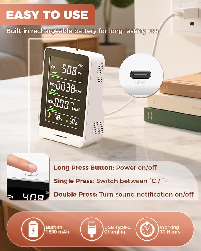 Indoor Air Quality Monitor, 5 in 1 Portable Real-Time Smart Air Quality Tester - Image 7
