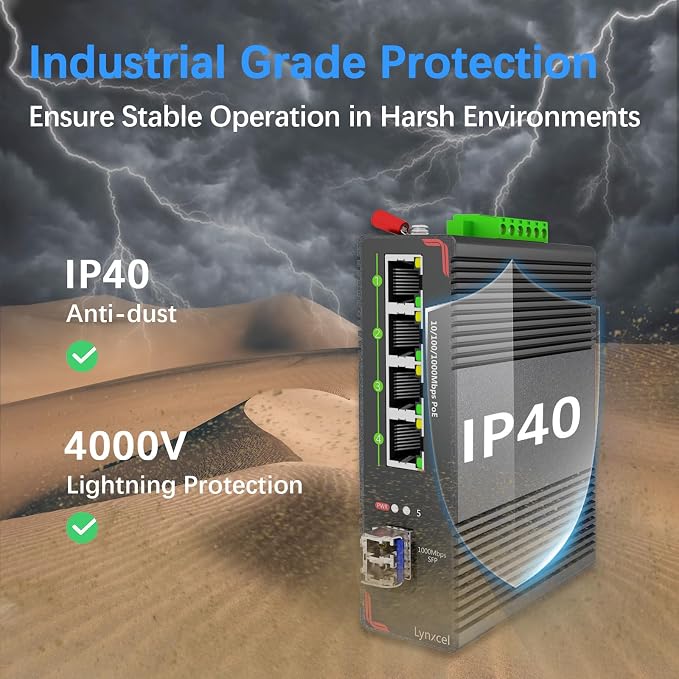 5-Port Industrial PoE Gigabit Din Rail Ethernet Switch, 4 x Gigabit PoE+ Ports - Image 6