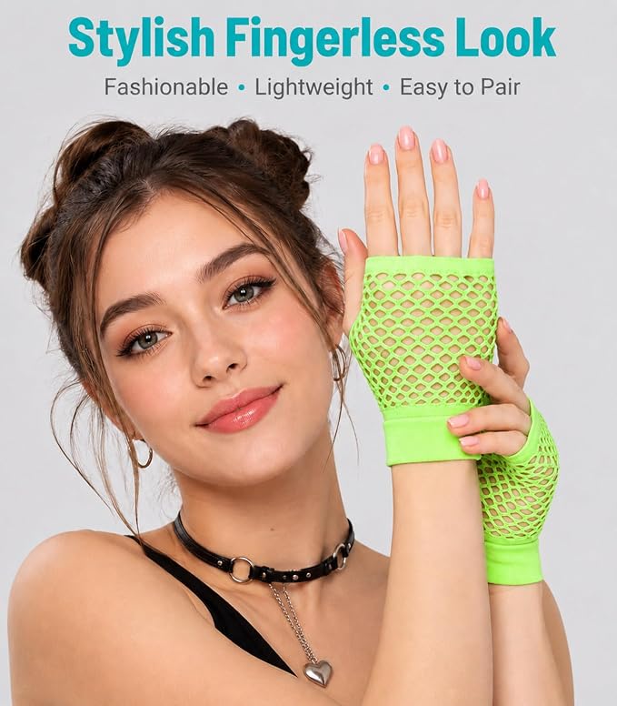Seeksmile Women's Girls 80's Theme Party Emo Fingerless Arm Fishnet Gloves - Image 3