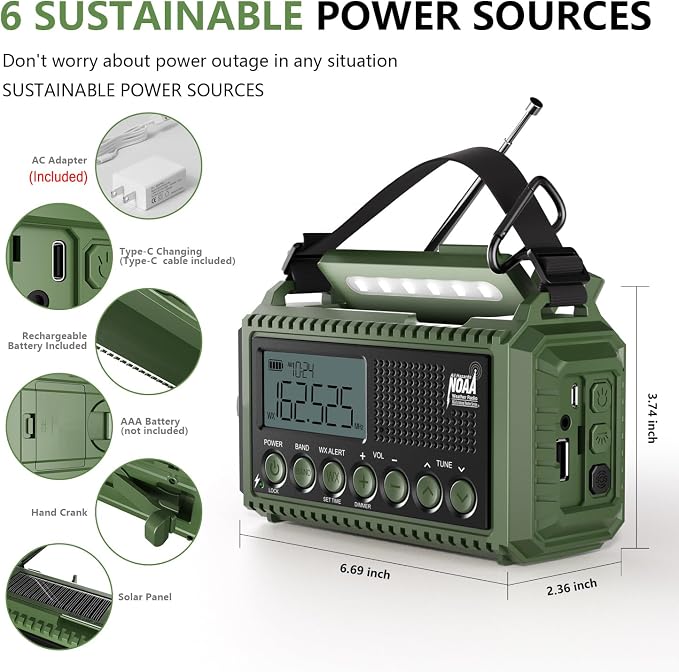 NOAA Emergency Radio with Auto Weather Alerts - 12000mAh Solar Hand Crank - Image 3