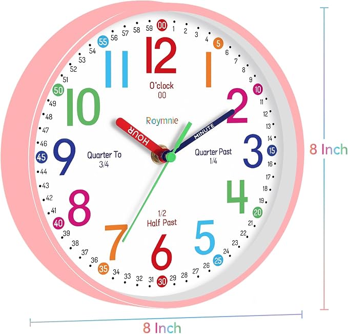 Roymnie Wall Clock 8 Inch for Kids Learning to Tell Time Easily Non Ticking - Image 5