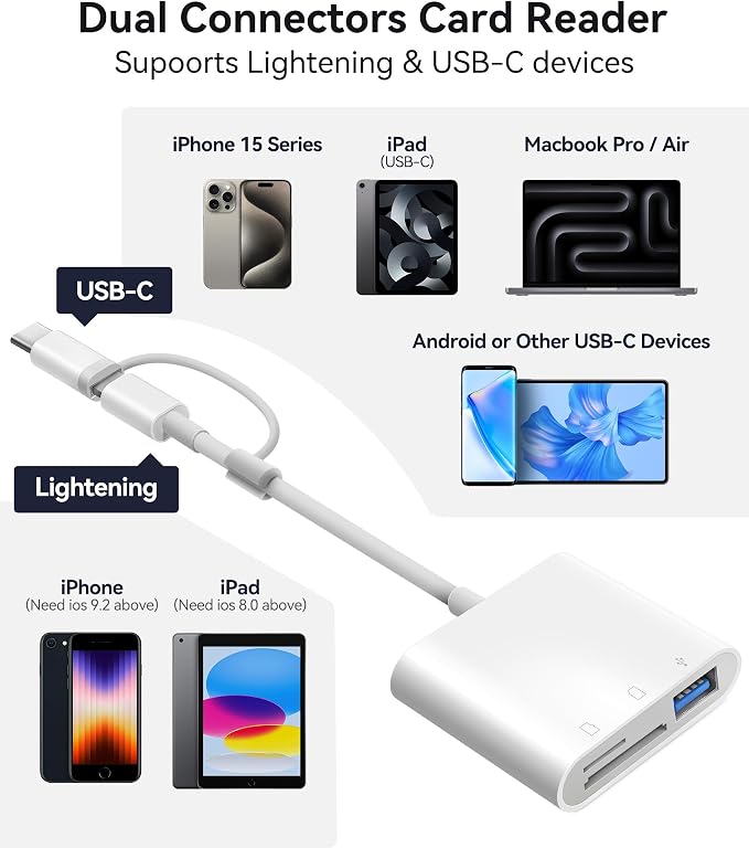 Oyuiasle SD Card Reader for iPhone iPad Trail Camera Viewer 3-in-1 SD Adapter - Image 2