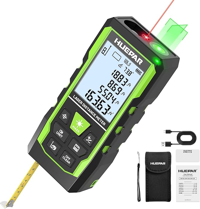 Huepar 3-in-1 Laser Measuring Tool, 400Ft Laser Measure & 33Ft Green Cross Line by Huepar