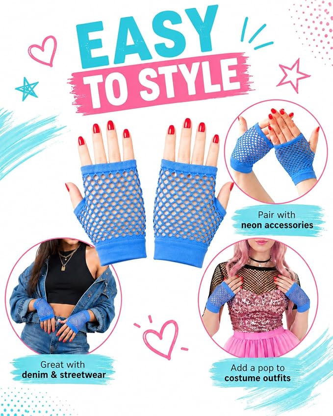 Seeksmile Women's Girls 80's Theme Party Emo Fingerless Arm Fishnet Gloves - Image 6