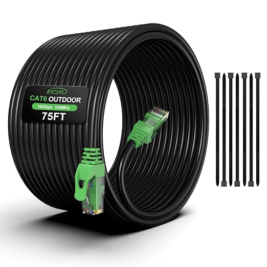75FT Cat6 Outdoor Ethernet Cable, Heavy Duty Direct Burial, 24AWG CCA Patch Cord by ECJTU-US