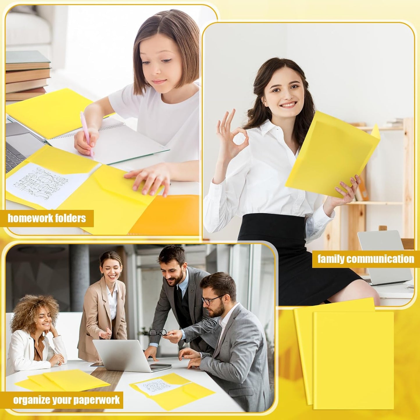 Gueevin 150 Pcs Plastic Folders with Pockets, Two Pocket Folder Fit 8.5 x 11 Inch Letter Size Paper, Heavy Duty School Folders Business Card Holder for Home Office School Bussiness (Yellow)