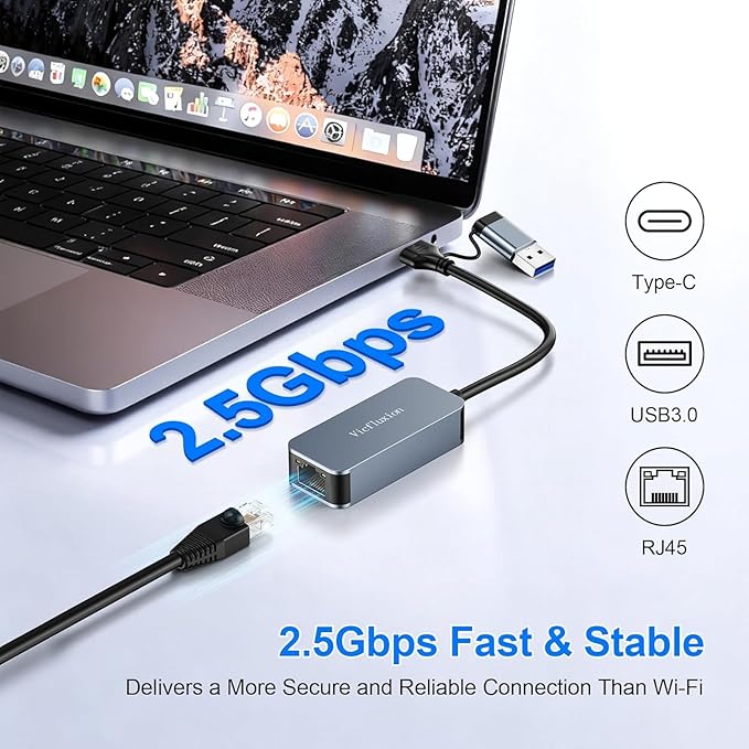 USB C to Ethernet Adapter 2.5Gbps, 2-in-1 USB 3.0 & USB-C to RJ45 Network - Image 2