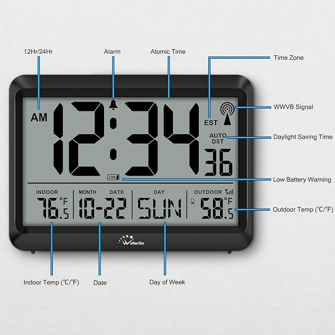 WallarGe Atomic Clock with Indoor Outdoor Temperature - Image 7