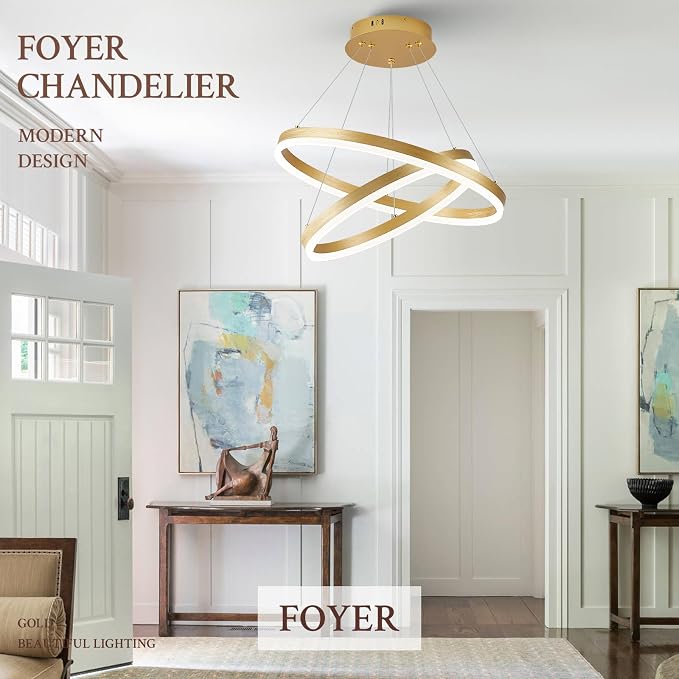 Modern LED Chandelier Gold 2-Rings Pendant Light Circular Flush Mount Ceiling - Image 4
