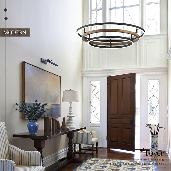 3 Ring LED Chandelier Walnut Wood Black Chandelier Light Fixture 31in Dimmable - Image 7