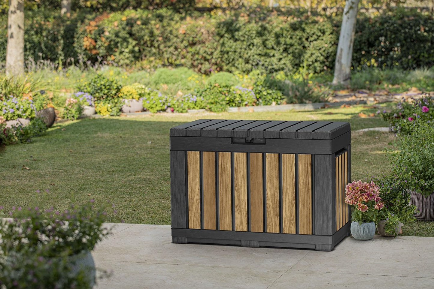 Keter Signature Collection 50 Gallon Resin Deck Box Organization and Storage Box for Patio Outdoor Cushions, Throw Pillows, Garden Tools and Pool Supplies, Oakridge
